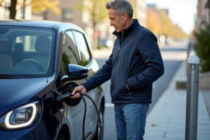 Homme chargeant sa voiture électrique en extérieur