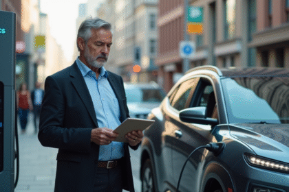 Homme d'affaires près d'une voiture hybride en ville