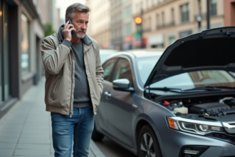 Homme frustré avec voiture en panne et smartphone
