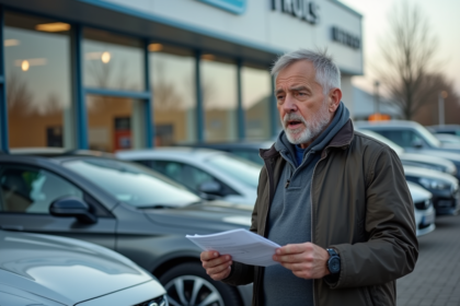 Homme d age moyen compare des brochures voitures neuves