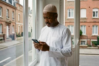 Homme consultant un horaire de prière sur smartphone à Livry-Gargan, île-de-France