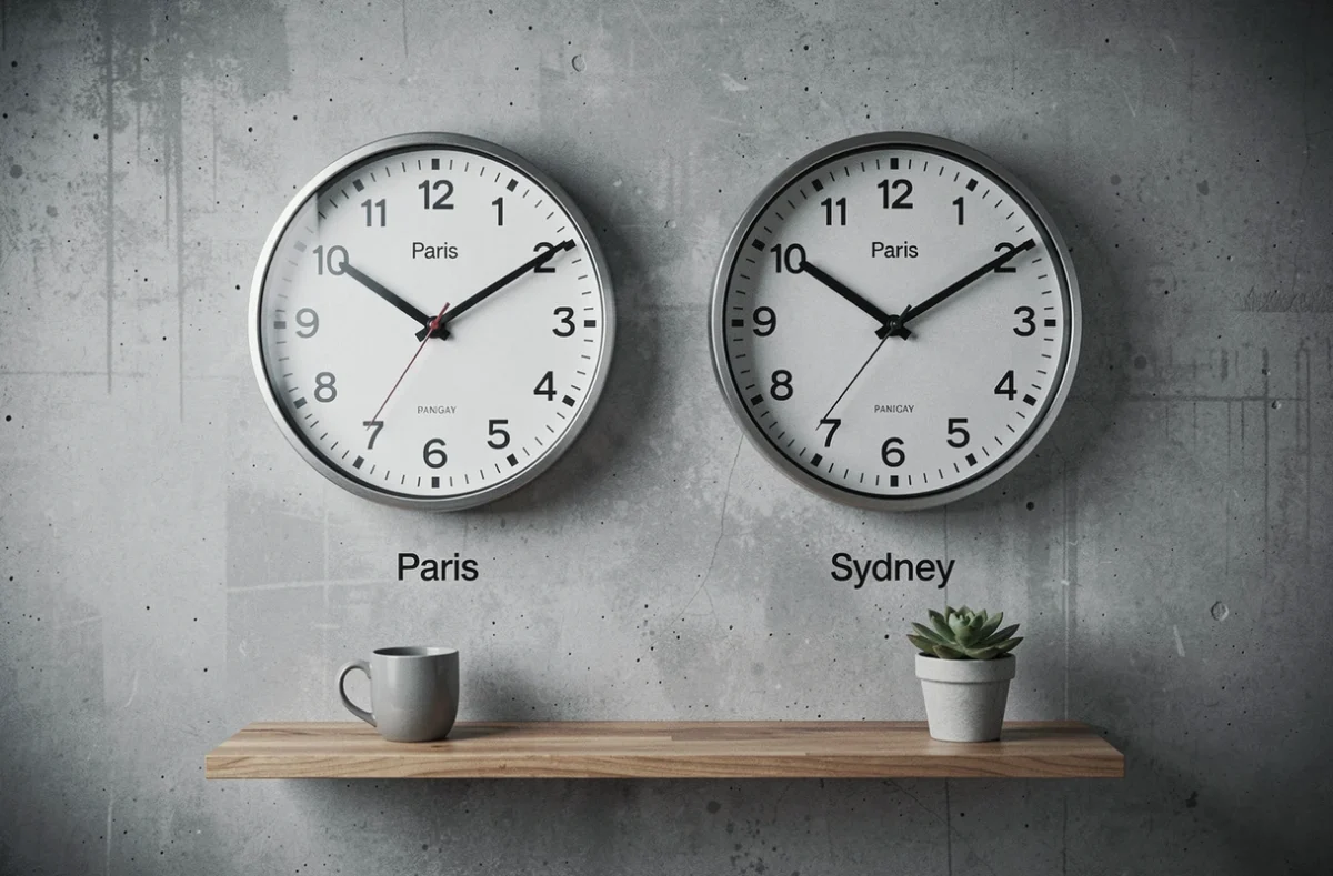 Deux horloges murales affichant simultanément l'heure de Paris et l'heure de Sydney