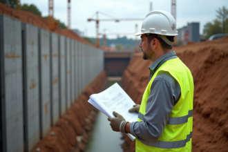 Ingénieur civil observant un chantier avec murs de retenue Berlintype