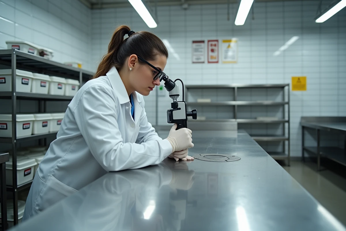Inspectrice en sécurité alimentaire contrôlant une table en inox dans un atelier agroalimentaire certifié