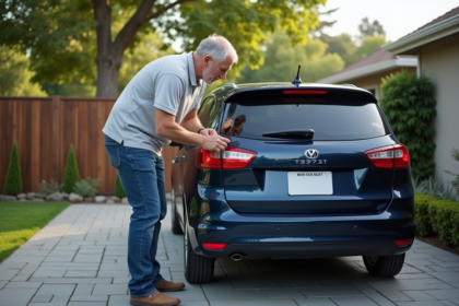 Homme installant une camera de recul sur une voiture dans une cour