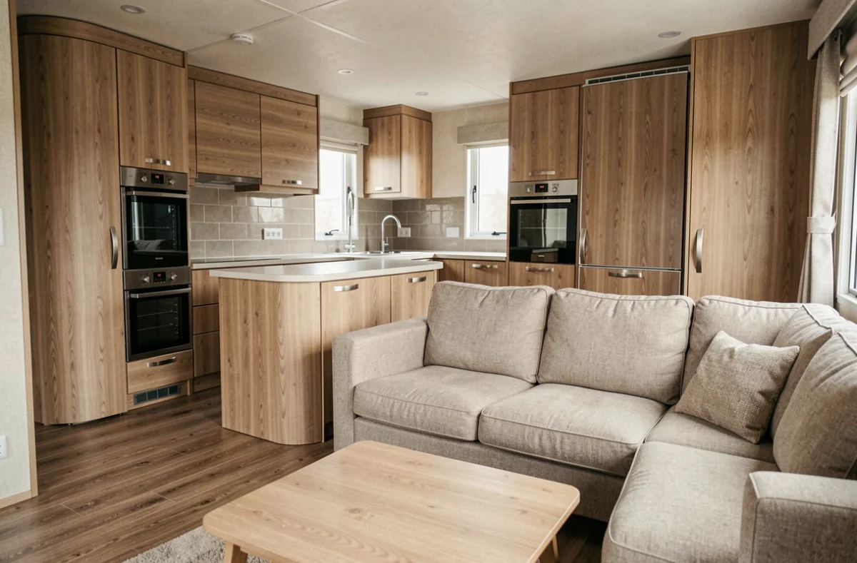 Intérieur spacieux et moderne d'un mobil-home haut de gamme avec cuisine équipée et salon décoré