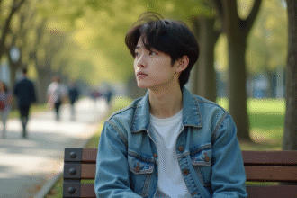 Jeune adulte nonbinaire en denim dans un parc