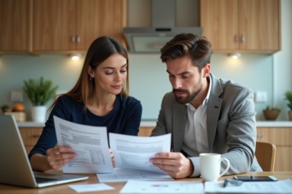 Jeune couple professionnel discutant de finances à la cuisine