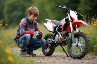 Jeune garçon motocross vérifiant la chaîne de son bike en extérieur
