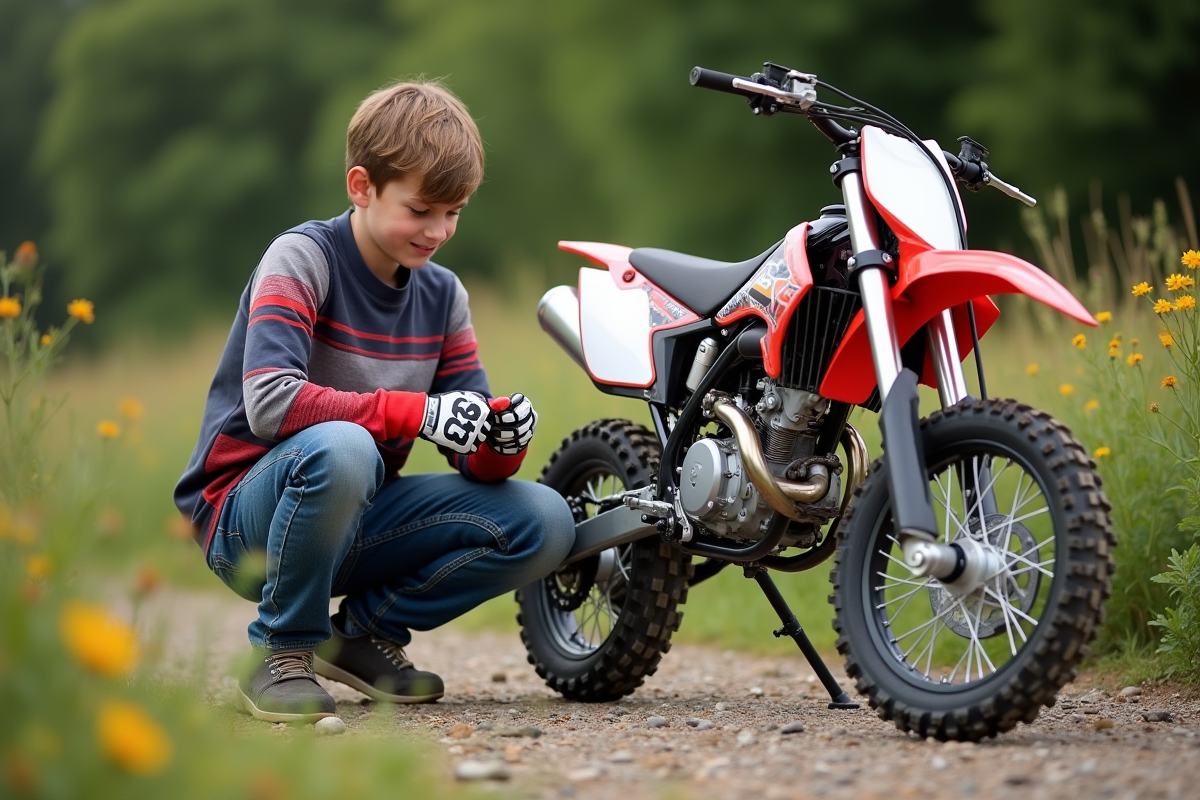 Jeune garçon motocross vérifiant la chaîne de son bike en extérieur