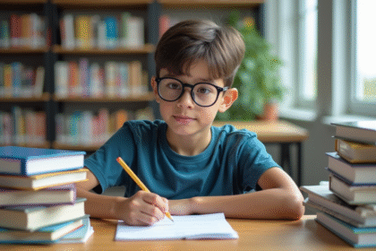 Jeune étudiant concentré à la bibliothèque avec livres et notes