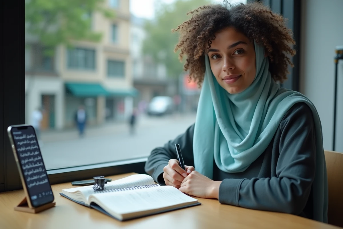 Jeune femme en apprentissage individuel de la formule Allahouma barik, écrivant en arabe dans un carnet avec son téléphone comme référence
