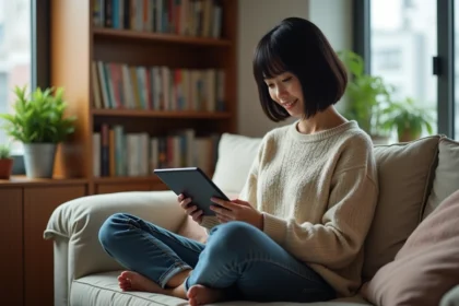 Jeune femme assise sur un canapé lisant du manga numérique