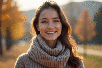 Jeune femme souriante portant un pull en laine yak en extérieur