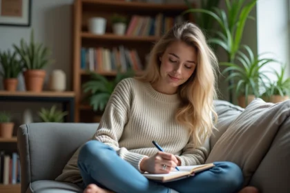 Jeune femme assise sur un canapé en train d'écrire dans un journal
