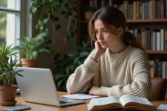 Jeune femme lisant des mangas sur son ordinateur dans un cadre cosy