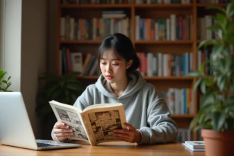 Jeune femme lisant un manga scanné sur son bureau entouré de volumes de manga, illustrant l'usage d'Epsilon scantrad