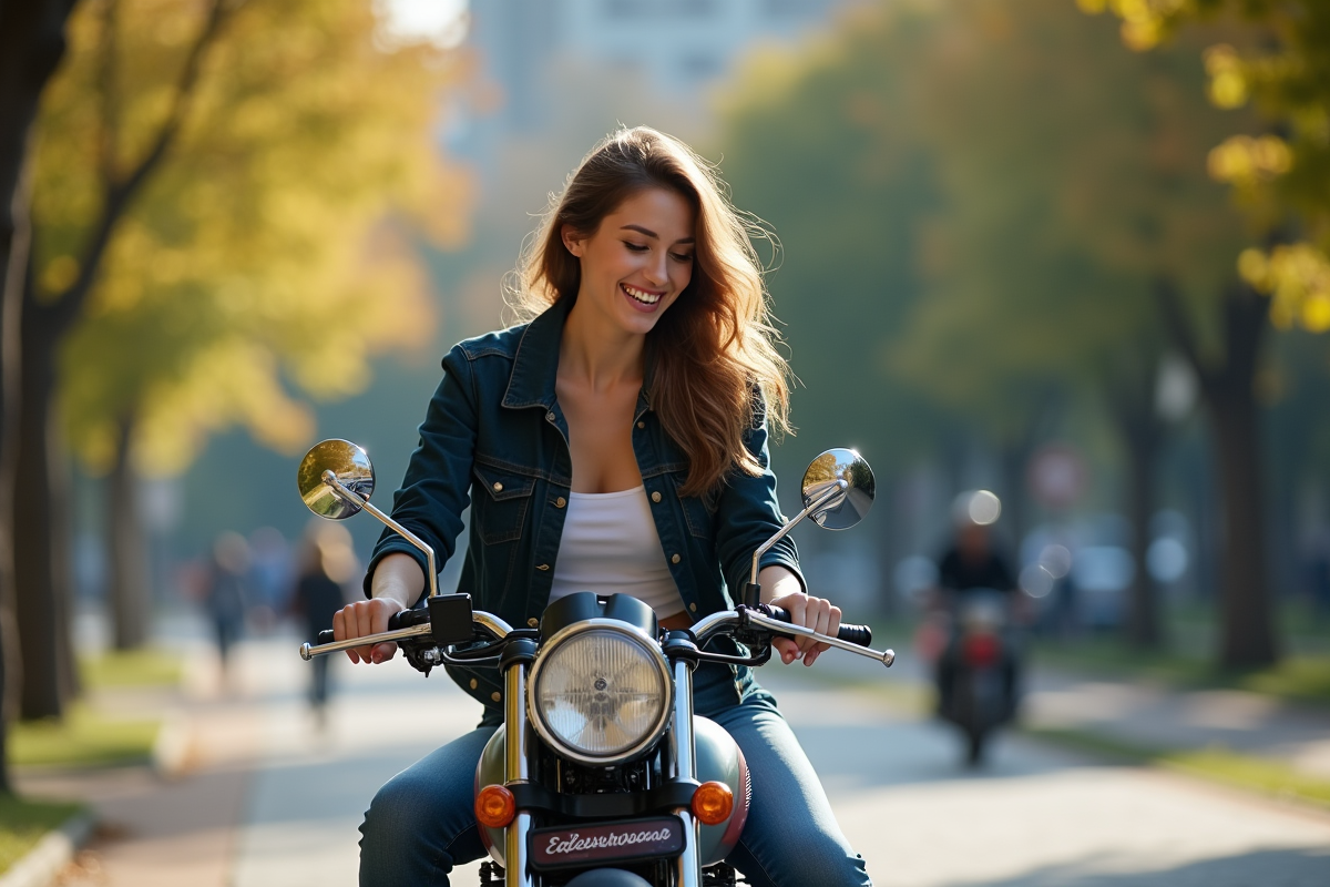 Jeune femme riant en vérifiant sa moto 125 cc au parc