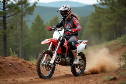Jeune femme en motocross sur sentier forestier