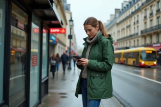 Jeune femme en imper vert consulte son smartphone dans Paris