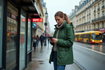 Jeune femme en imper vert consulte son smartphone dans Paris