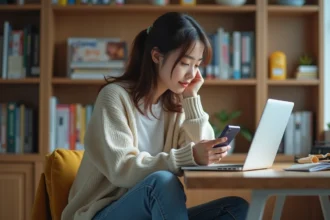 Jeune femme concentrée sur son smartphone dans un appartement moderne