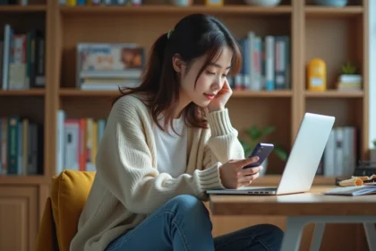 Jeune femme concentrée sur son smartphone dans un appartement moderne