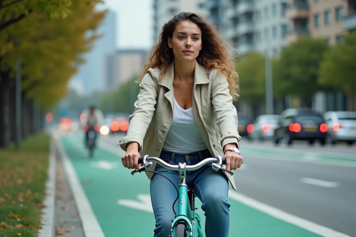 Jeune femme en vélo en ville avec arbres et immeubles