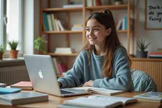 Jeune fille studieuse dans sa chambre lumineuse