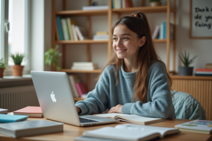 Jeune fille studieuse dans sa chambre lumineuse