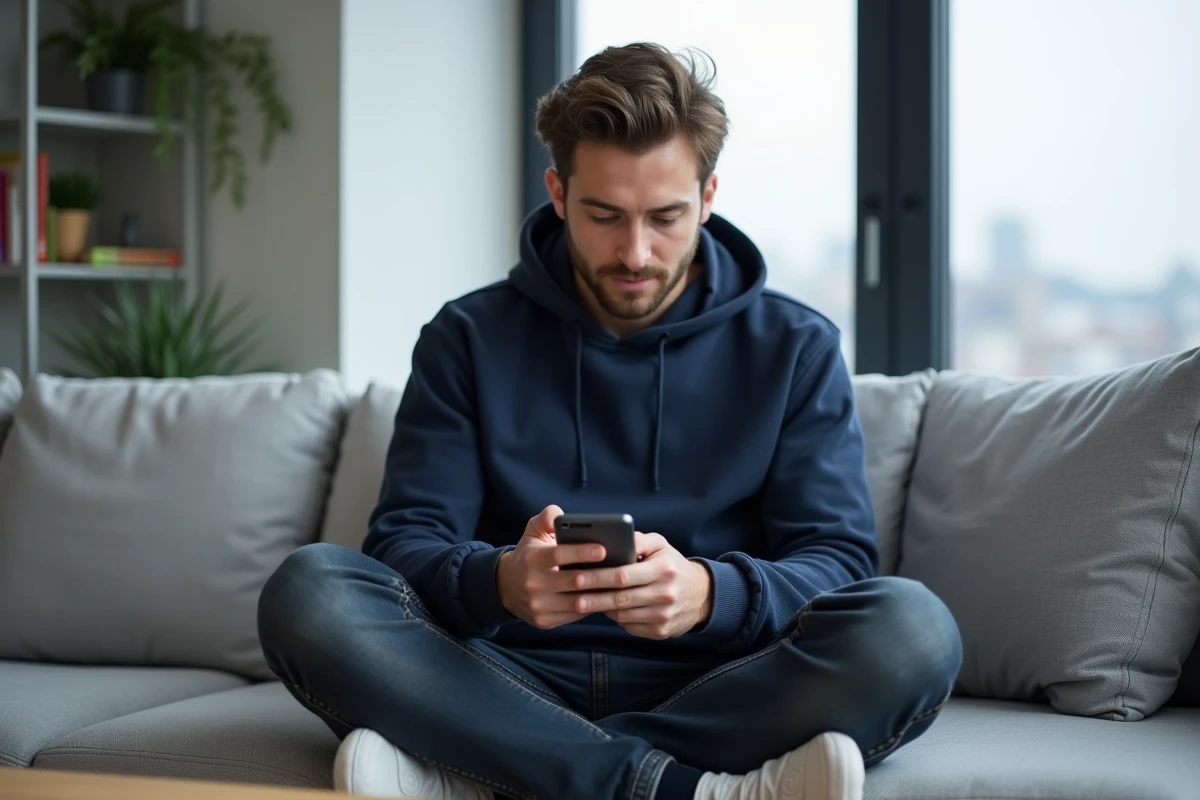 Jeune homme apprenant la conjugaison du futur et du conditionnel en français sur une application mobile dans un appartement moderne