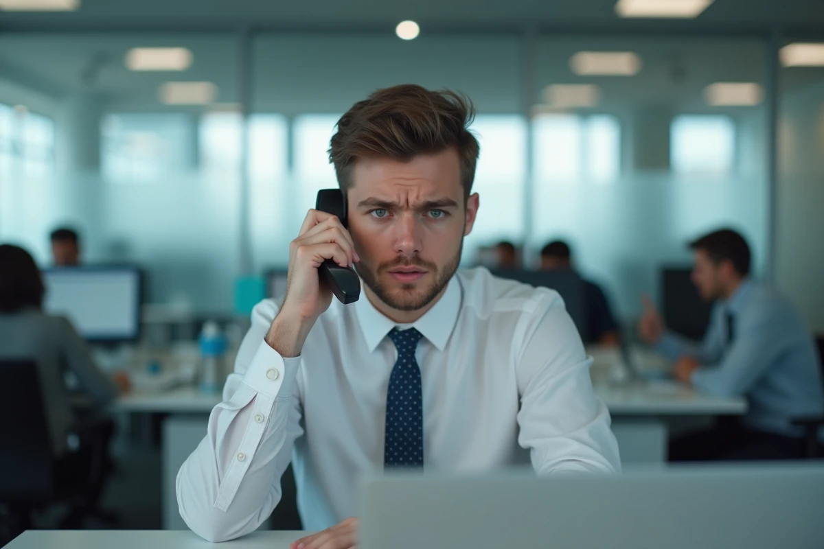 Jeune professionnel regarde un appel suspect au bureau