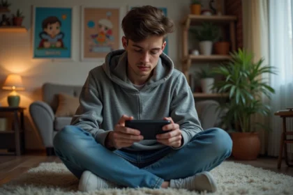 Jeune homme concentré jouant à une console de jeux vidéo