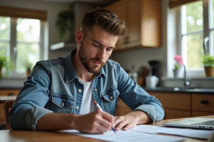 Jeune homme remplissant des formulaires de location dans une cuisine