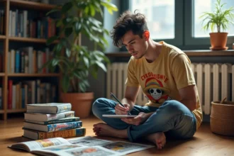 Jeune homme lisant manga dans un appartement cosy