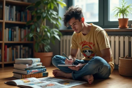 Jeune homme lisant manga dans un appartement cosy