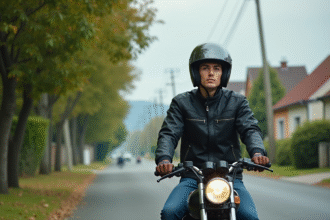 Jeune homme en veste moto et jeans sur une moto 125cc