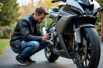 Jeune homme examinant une moto moderne en extérieur