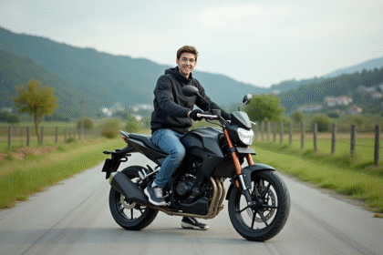 Jeune homme souriant sur sa moto 125 cc en campagne