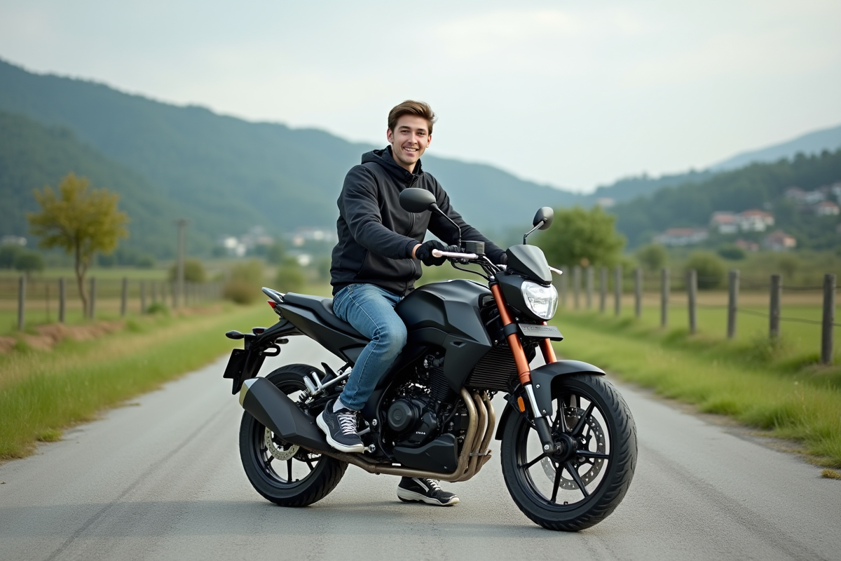 Jeune homme souriant sur sa moto 125 cc en campagne