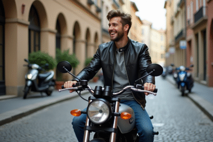 Jeune homme en moto urbaine moderne et confiant