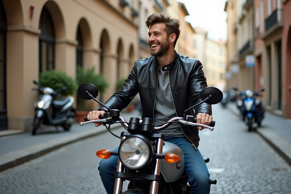 Jeune homme en moto urbaine moderne et confiant