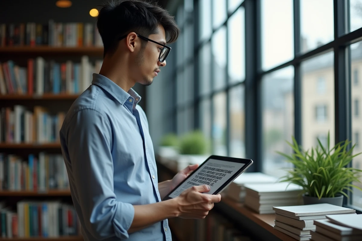 Jeune homme regardant une page de manga sur tablette dans une bibliothèque