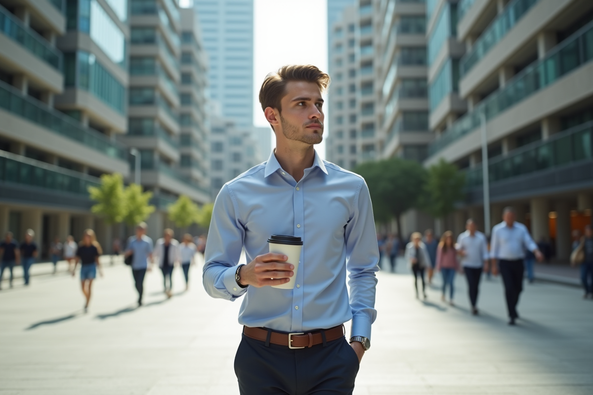 Jeune homme avec café dans une place urbaine animée