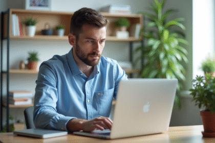 Jeune homme professionnel travaillant sur un ordinateur portable dans un bureau lumineux