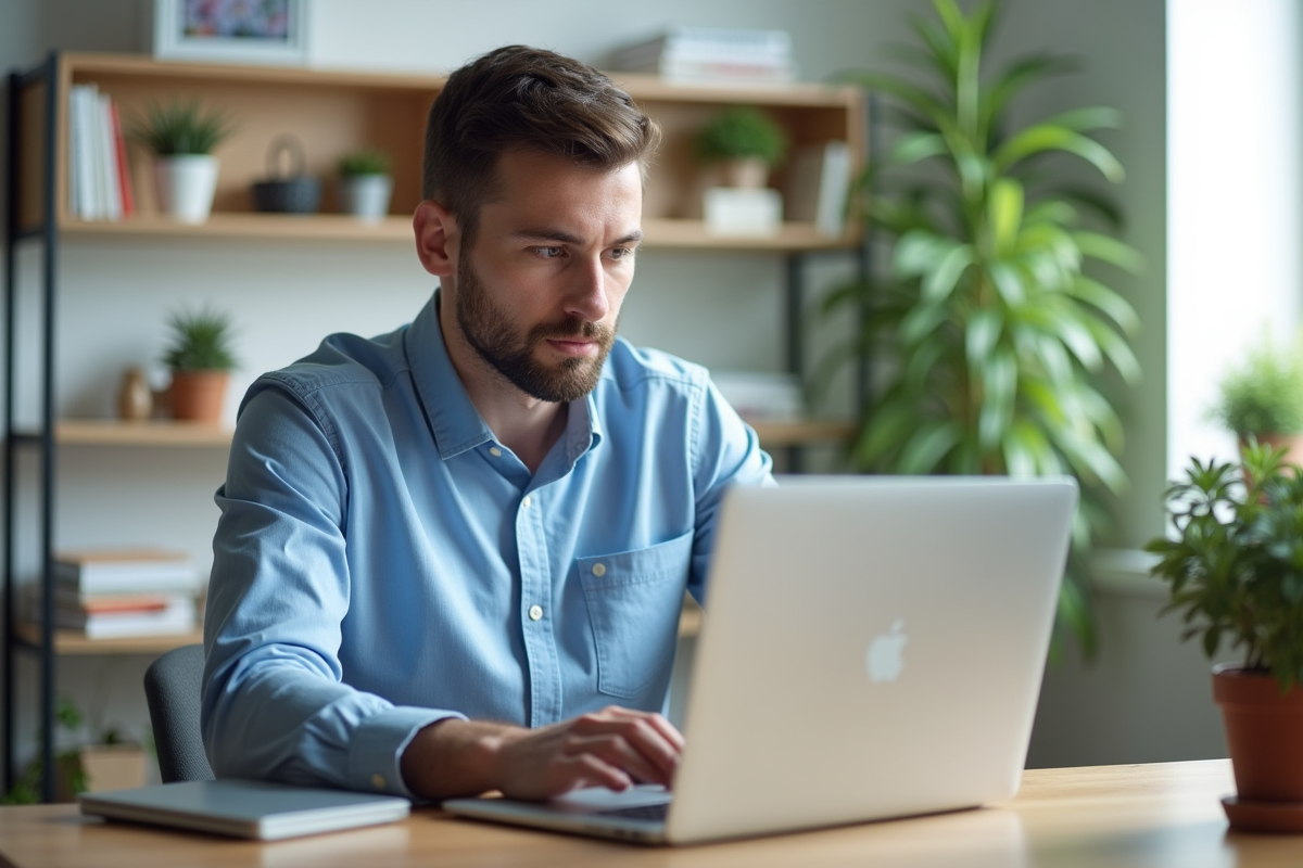 Jeune homme professionnel travaillant sur un ordinateur portable dans un bureau lumineux