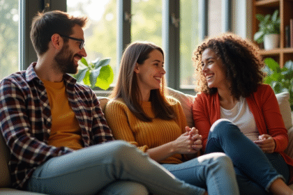 Trois jeunes adultes souriants dans un appartement moderne