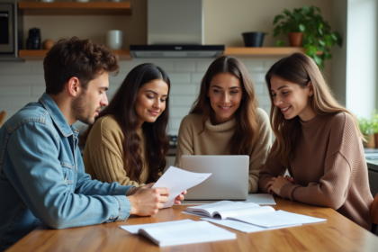 Groupe de jeunes adultes autour d'une table cuisine