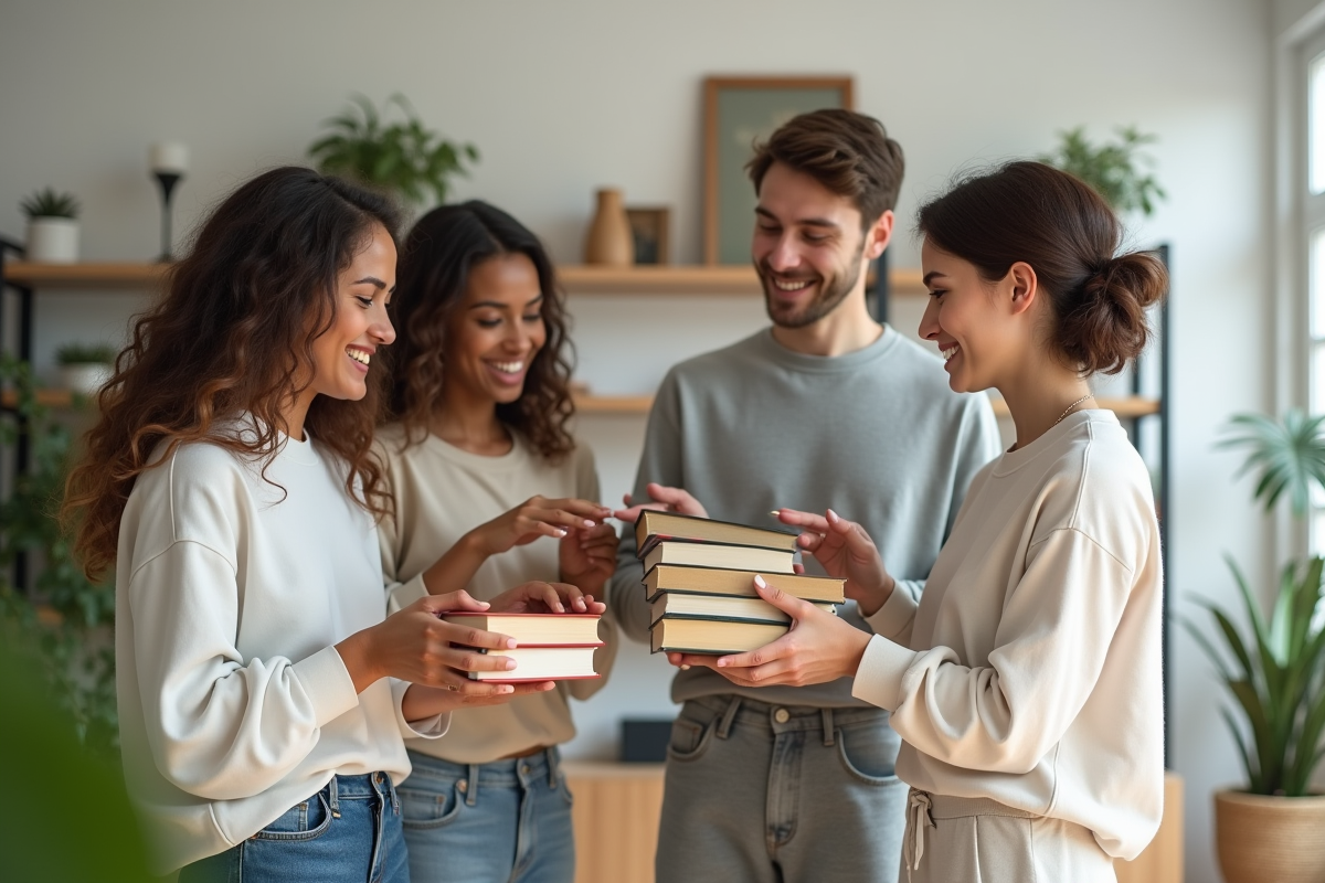 Trois jeunes adultes arrangeant des livres dans un salon moderne