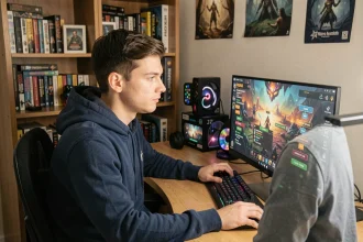 Joueur adulte concentré sur un écran d'ordinateur affichant une interface de jeu de rôle fantasy avec un arbre de compétences, dans un bureau gaming chaleureux